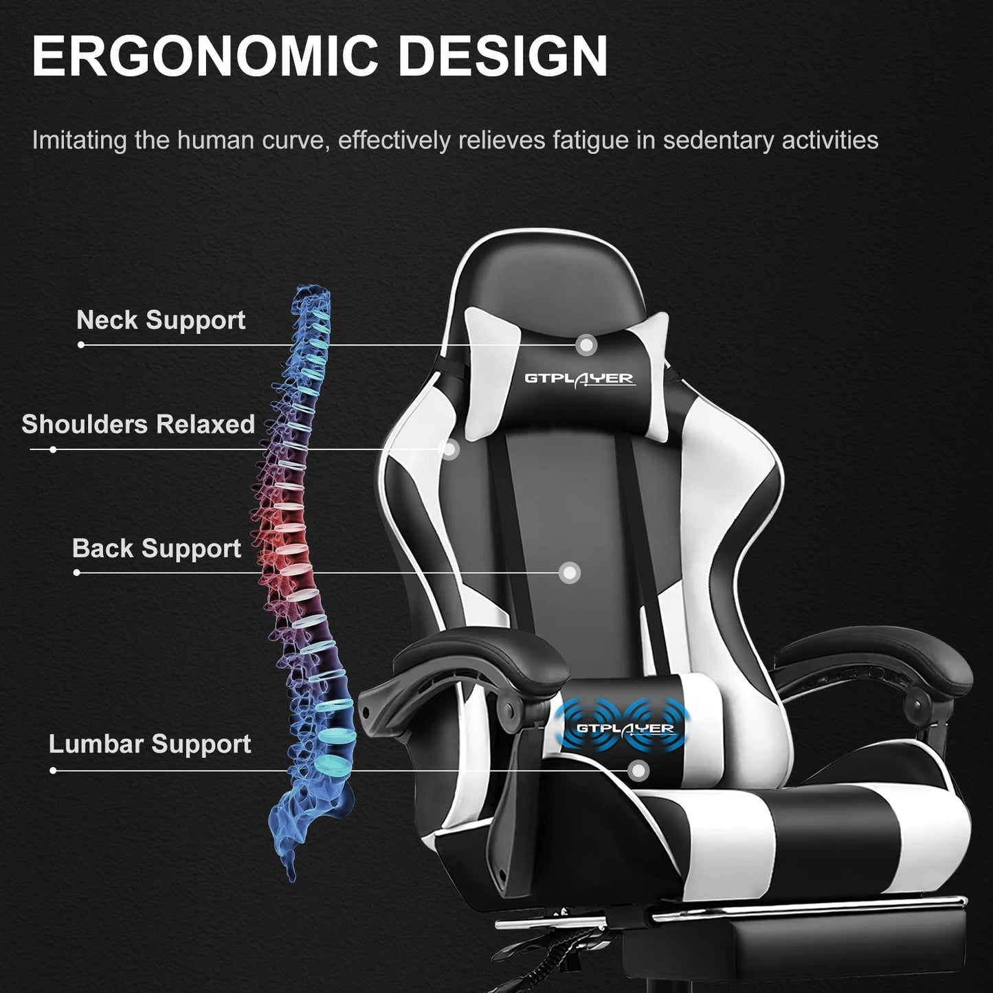 GTPLAYER Gaming Chair with Footrest, Lumbar Support, Adjustable Height, Swivel Seat
