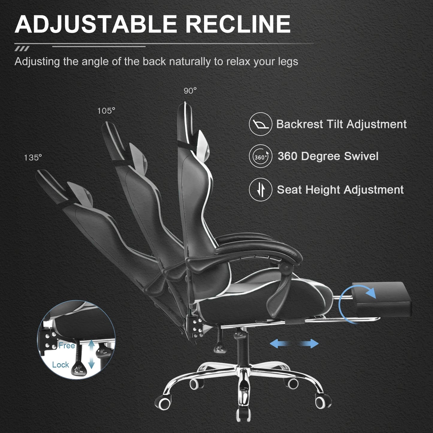 GTPLAYER Gaming Chair with Footrest, Lumbar Support, Adjustable Height, Swivel Seat
