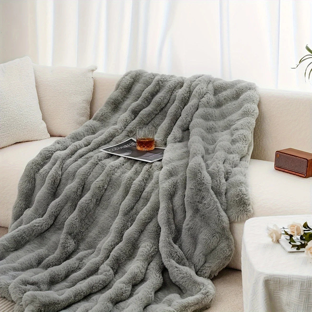 1pc Cozy Faux Rabbit Fleece Blanket | Throw for Bedroom, Guest Room, Living Room, Student Dormito