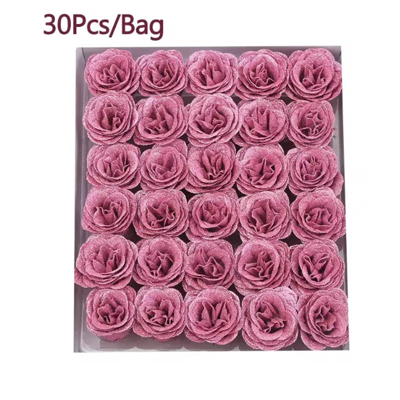 30Pcs Crystal Glitter Rose Flower Head Artificial Rose Flower
